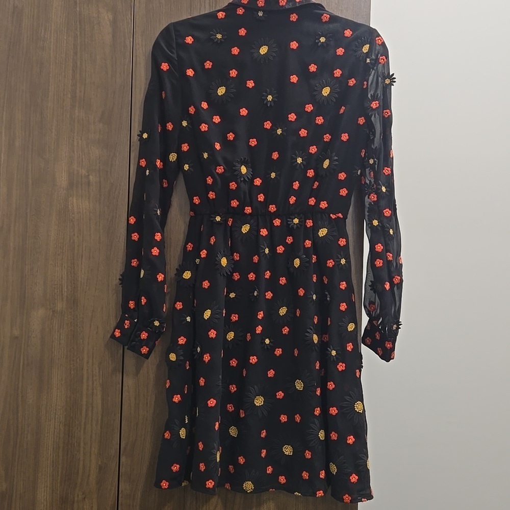 Alice + Olivia-"Enid" Floral Embroidered Appliqué Shirt Dress Black-Size XS - Picture 12 of 17